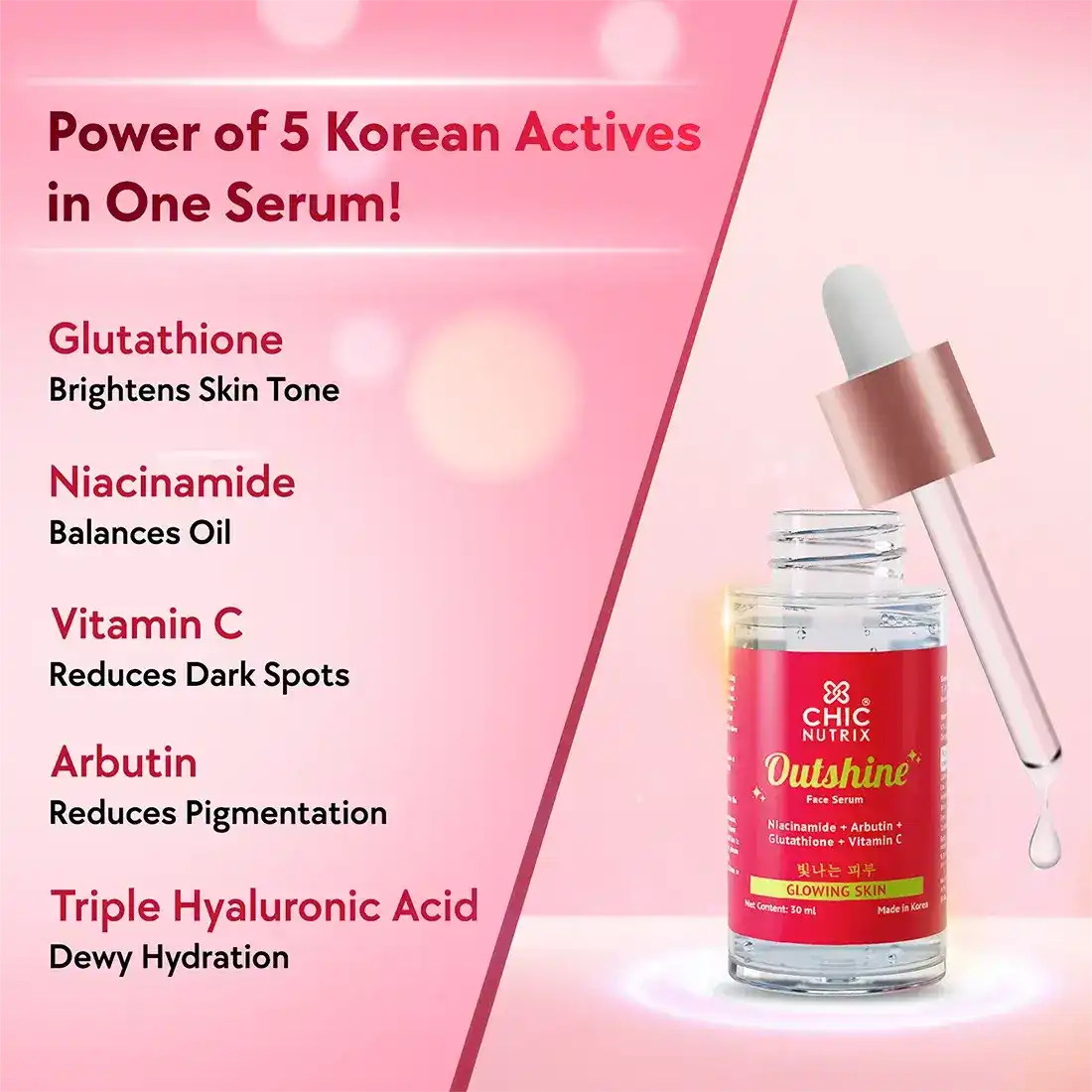 Outshine Korean Face Serum – Fades Dark Spots & Brightens Skin with Glutathione, Niacinamide & Vitamin C